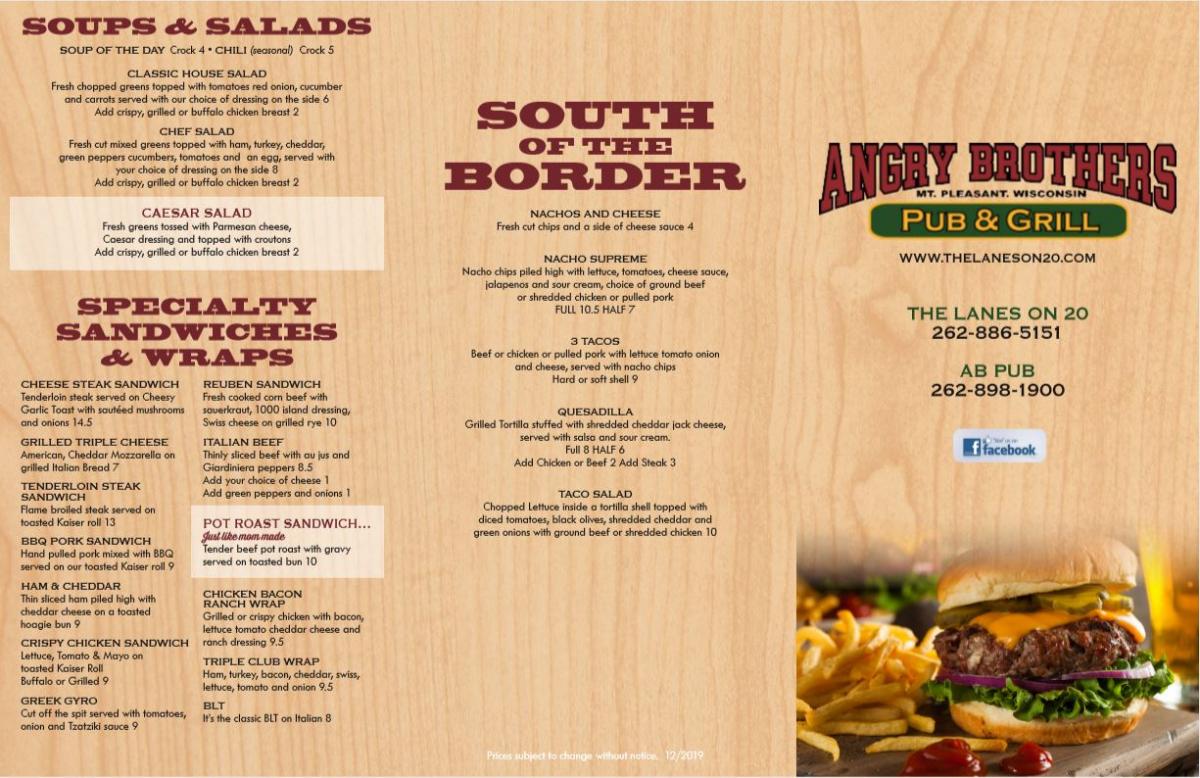 Angry Brothers Pub Menu The Lanes on 20